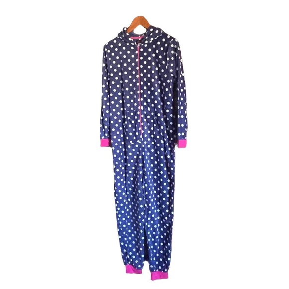 Women’s Navy Polka Dot Hooded One-PC Cozy Fleece Pajamas – Lounge-Ready S/M - Picture 5 of 8